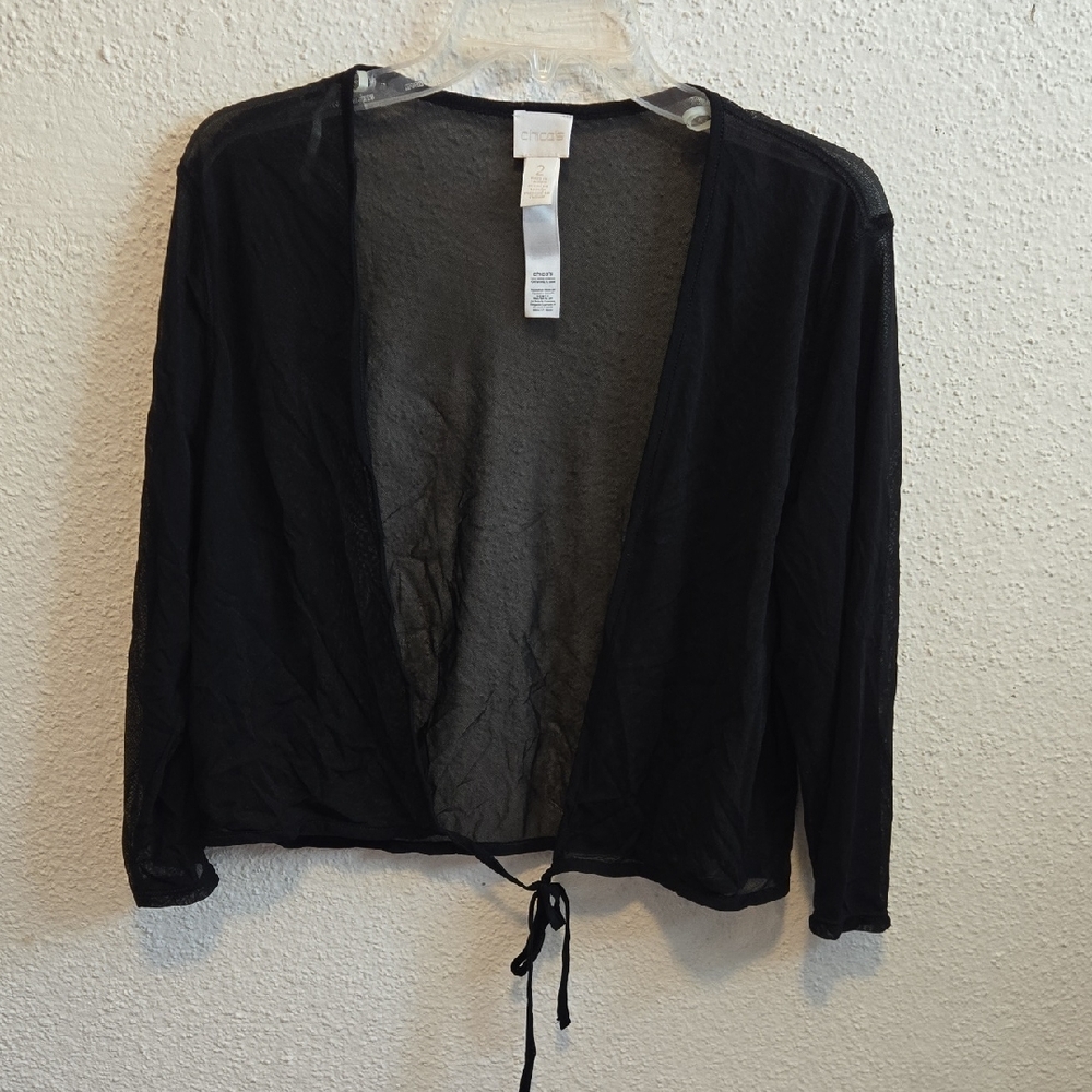 B10 Chico's Black Tie-Front Sheer Top 3/4 Sleeve Sz 2